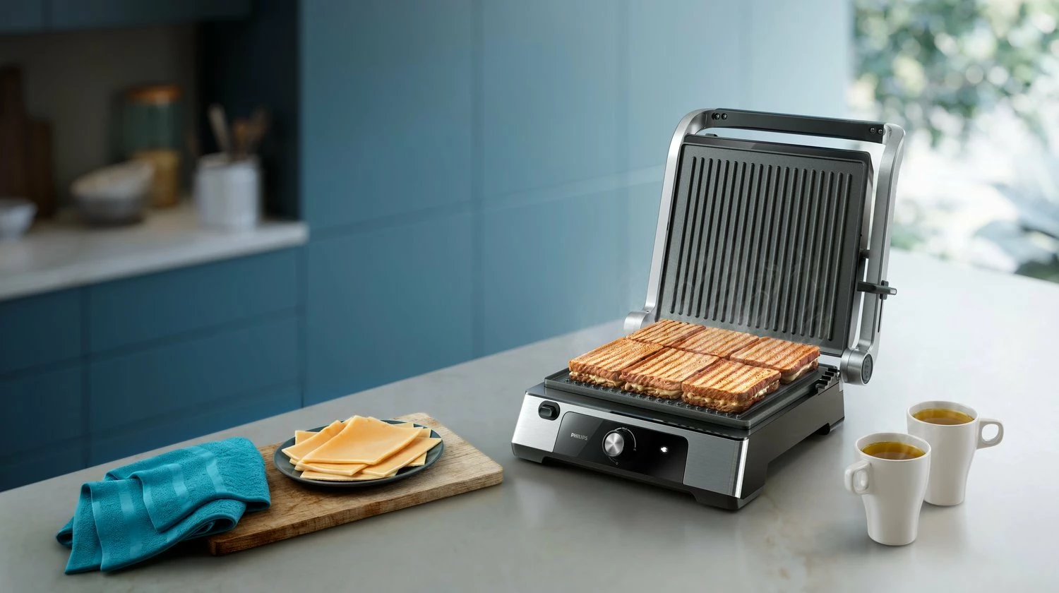 Grill elektrik Philips Series 5000 HD6301/90 2200W, kontakt, 750 cm², pllaka jo-ngjitëse të heqshme, kontroll temperature, me tabaka për yndyrë, zezë/argjendtë, set me 2 pllaka + tabaka