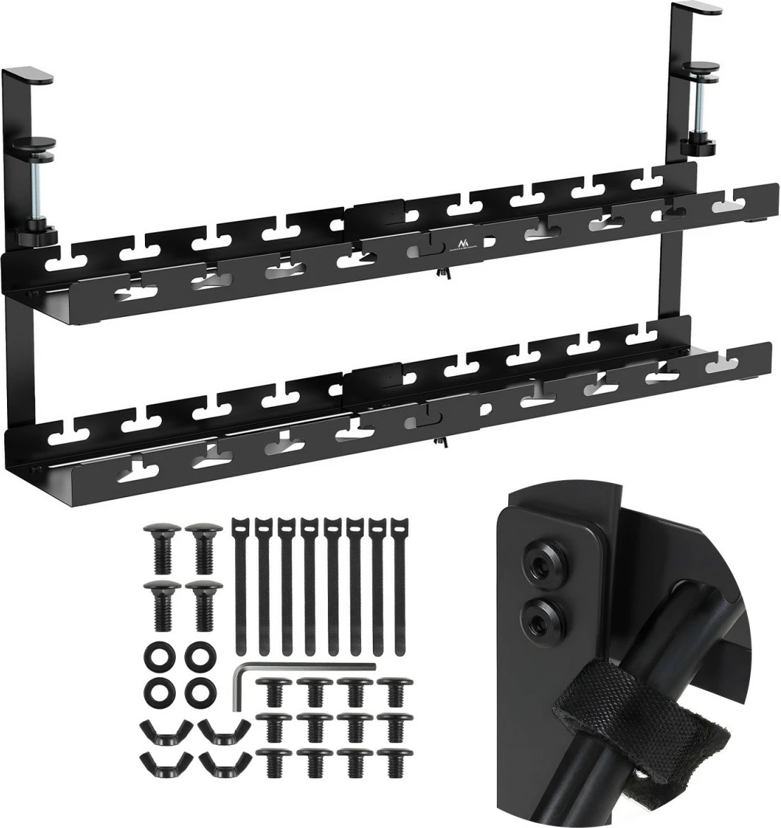 Organizator kabllosh nën tavolinë Maclean MC-102 B, dy-nivelësh, 433-728 mm, 5 kg, me 8 rripa velcro, i zi, set 1 copë