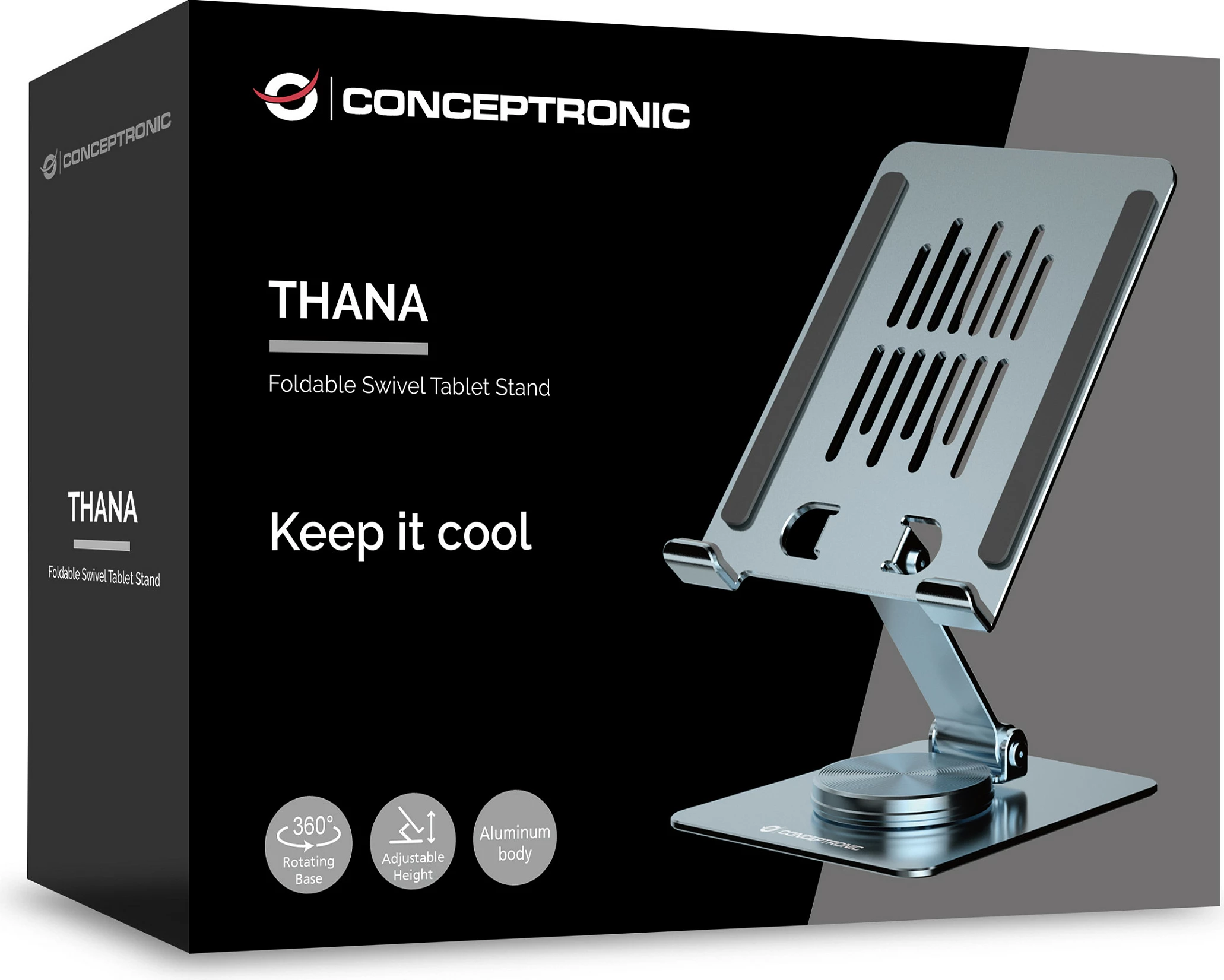 Mbajtëse tableti Conceptronic, stand 360°, alumin, max 1.5 kg, gri