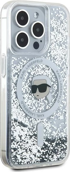 Mbështjellës Karl Lagerfeld Liquid Glitter Karl Head MagSafe për iPhone 15 Pro Max, Transparent