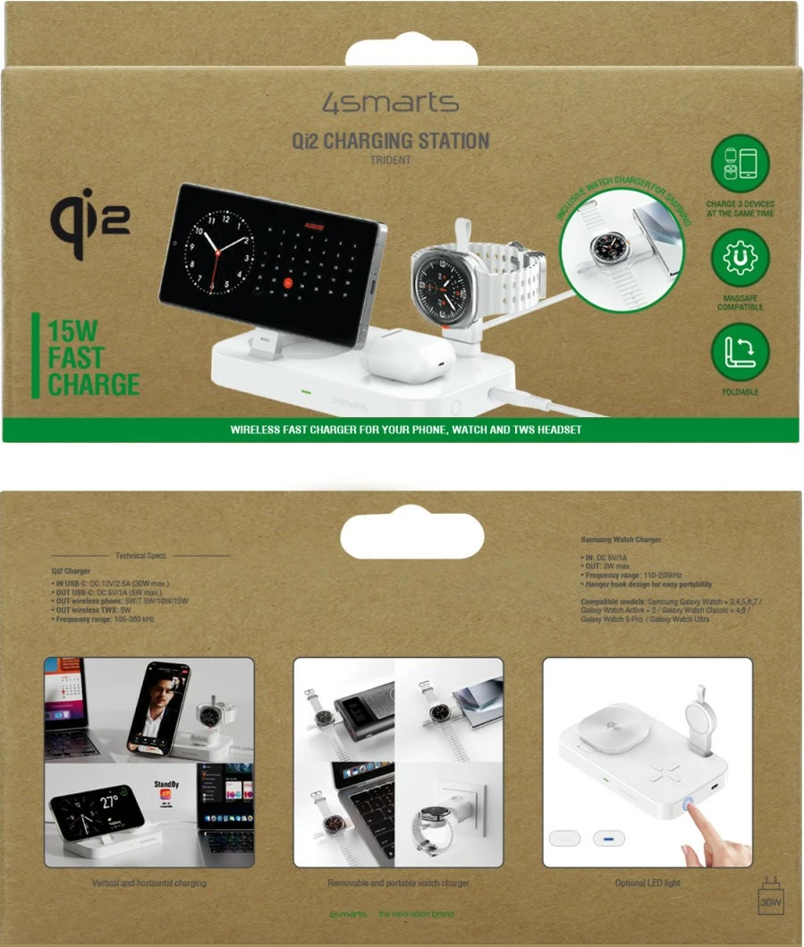 Stacion karikimi wireless 3-në-1 4smarts 541368, Qi2, MagSafe, 25W, 1.5m, i bardhë