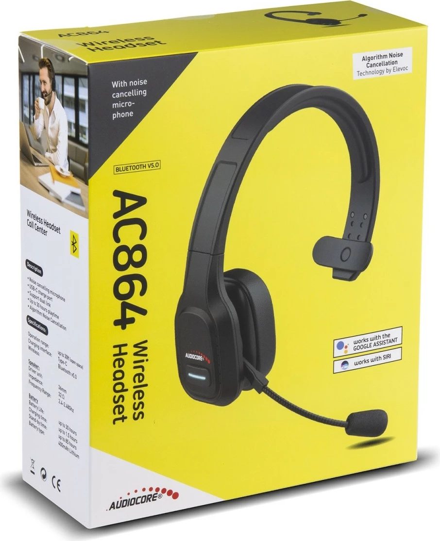 Kufje Bluetooth me mikrofon Audiocore AC864, ANC, Bluetooth 5.0, bateri 400 mAh deri 32 orë, USB-C, on-ear, e zezë