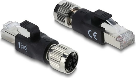 Adapter Ethernet industrial DeLOCK M12 X-coded 8-pin (F) në RJ45 (M), Cat6, i zi