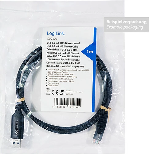 Kabllo adapter USB 3.0 në Ethernet LogiLink, A/M në RJ45/M, 7.5 m, 1 Gbps, zezë/gri
