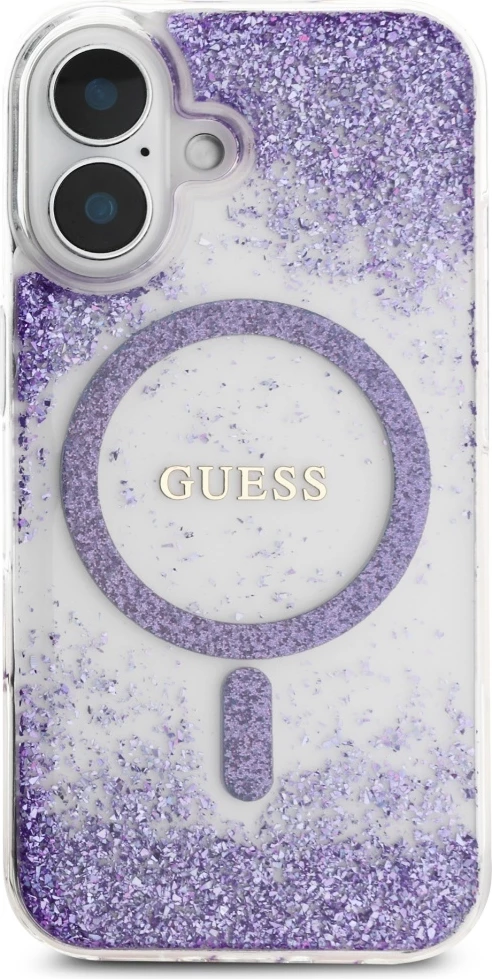 Mbështjellës Guess HC Resin Bottom Glitter MagSafe, për iPhone 16 6.1", hardcase TPU/PC, me MagSafe, vjollcë