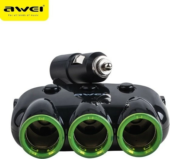 Ndarës çakmaku për makinë AWEI C-3S, 2xUSB, 3 dalje çakmaku, i zi