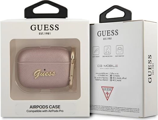 Mbështjellës Guess GUAPSASMP për AirPods Pro, Saffiano Script Metal, Rozë