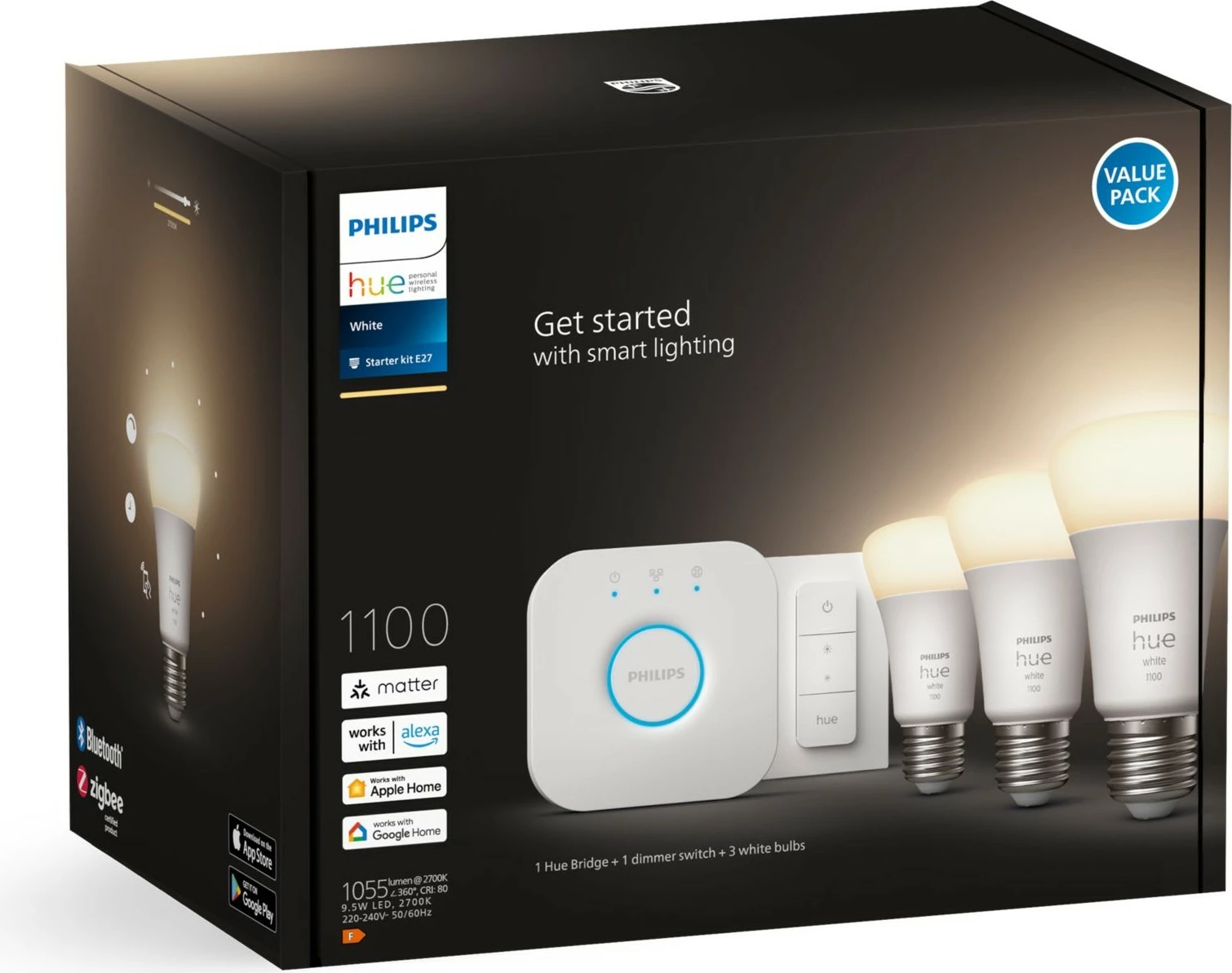 Llampa e mençur Philips Hue White Starter kit, 3 E27, Bluetooth/Zigbee, e bardhë