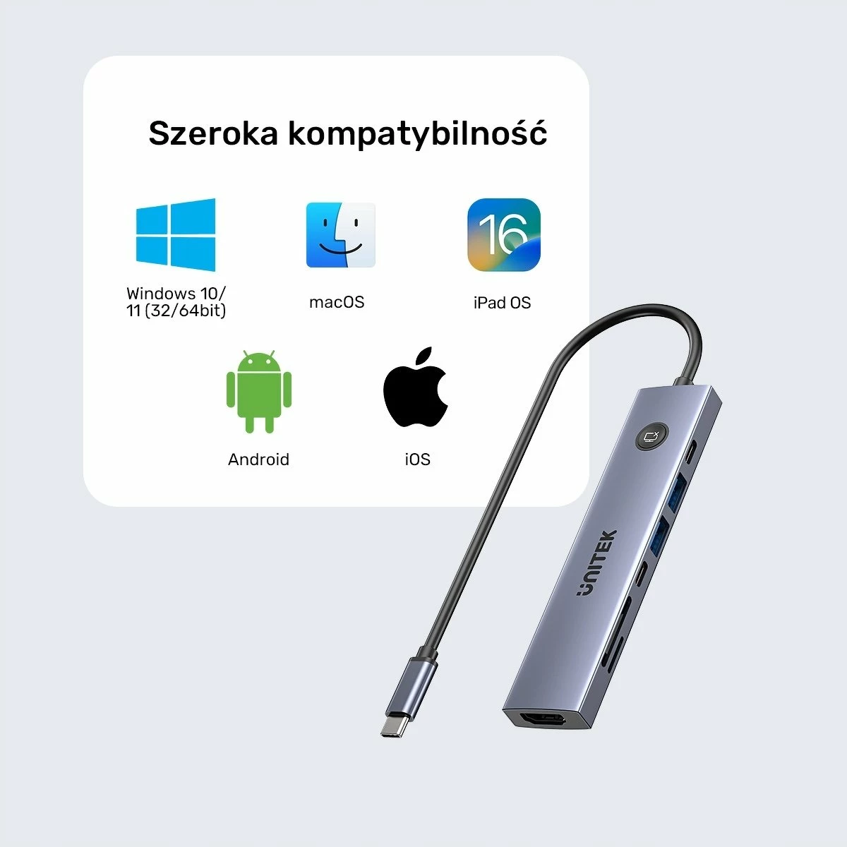 Hub USB-C Unitek H1124AGY01 7-në-1, 4K@60Hz, PD 100W, HDMI On/Off, 5 Gbps, Space Grey