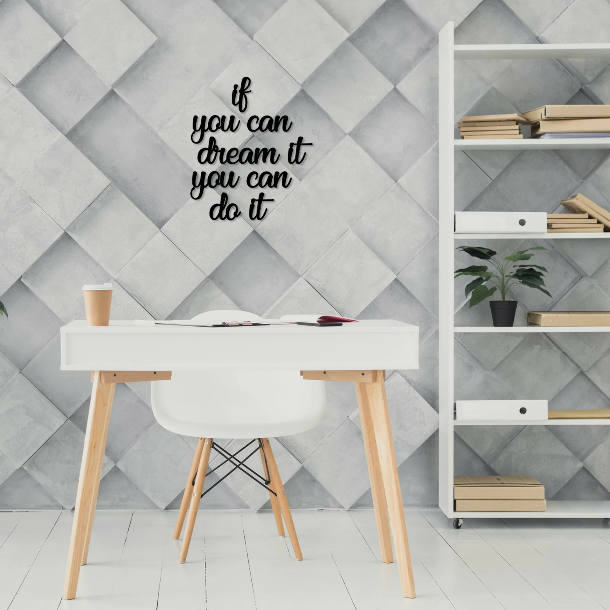 Aksesor dekorativ muri prej druri, Wallity, në ngjyrë të zezë, 'If You Can Dream It You Can Do It'