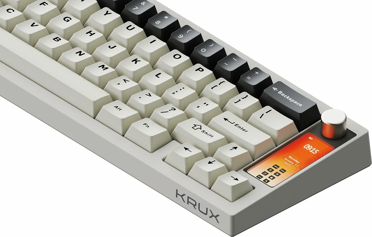 Tastierë mekanike gaming Krux Drox KRXA001 65% US ANSI, ARGB, hot-swap, USB-C/Bluetooth/2.4GHz, Krux Violet (purple), me ekran 2.3", e bardhë/gri