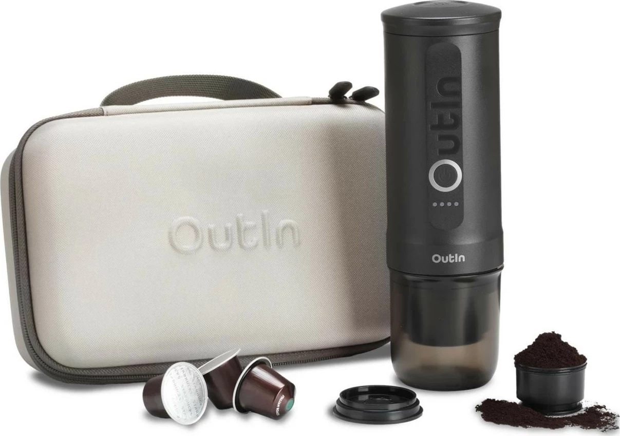 Makinë kafeje portative OutIn Nano OTEM-01-OB, 20 bar, Nespresso + kafe e bluar, me etui udhëtimi, gri