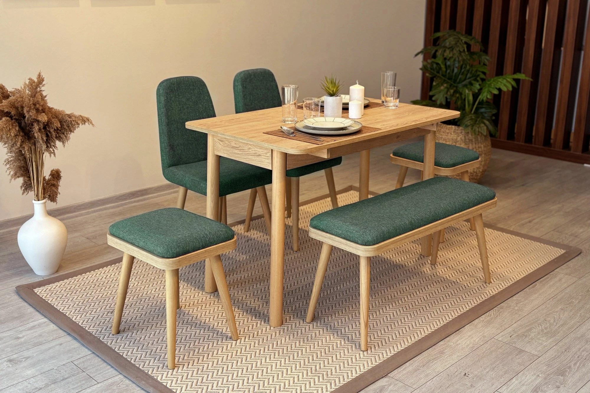 Set tavoline me karrige, zgjatshme, 6 pjesë, ngjyrë lis dhe e gjelbër, Skye Decor, Vina Mini 03 1070