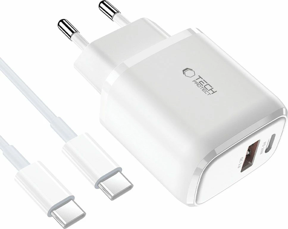 Karikues murit Tech-Protect C20W me dy porta USB-C PD 20W / USB-A QC 3.0 dhe kabllo USB-C/USB-C, Bardhë