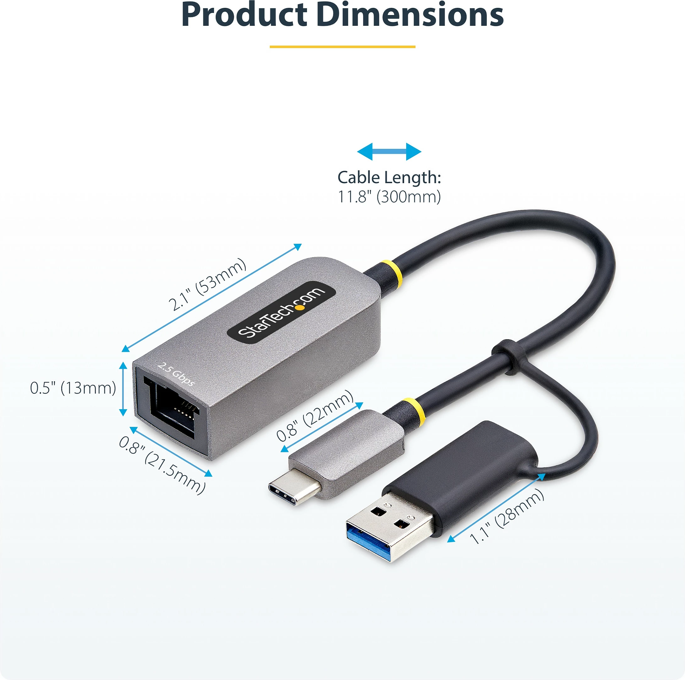 Adapter rrjeti StarTech USB-C në Ethernet 2.5GbE, Realtek RTL8156BG, me konvertues USB-A, 15cm, gri