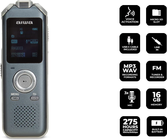 Diktafon digjital Aiwa DVR-M700 16GB, microSD deri 128GB, MP3/WAV, gri