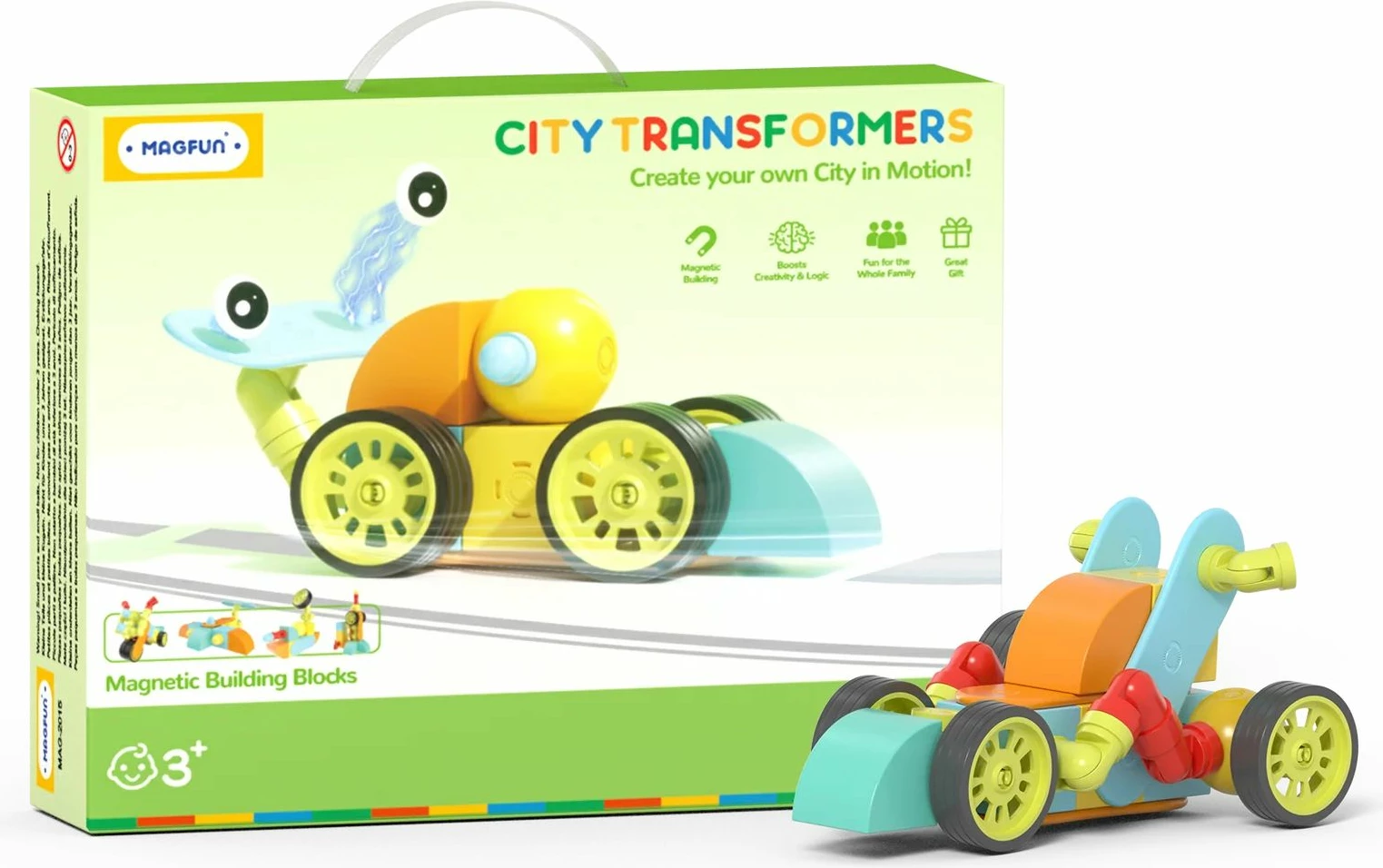 Blloqe ndërtimi magnetike Magfun City Transformers (City Transport), set 46 copë, shumëngjyrëshe