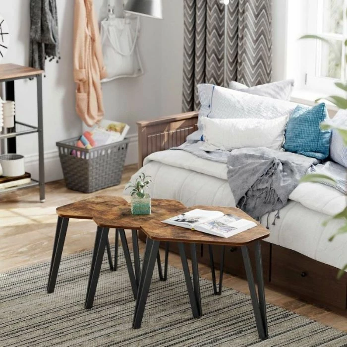 Set tavolinash anësore VASAGLE ALINRU LNT14BXV1, 3 copë, stil industrial/rustik, Rustic Brown/zi