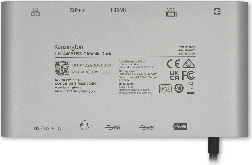 Dock USB-C Kensington UH1440P, 5Gbps, 85W, DP/HDMI/VGA, Argjendtë