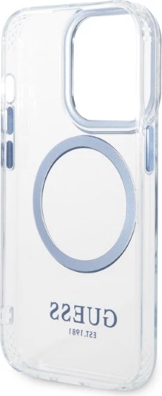 Mbështjellës Guess Metal Outline Magsafe për iPhone 14 Pro Max 6.7", kaltër/transparente