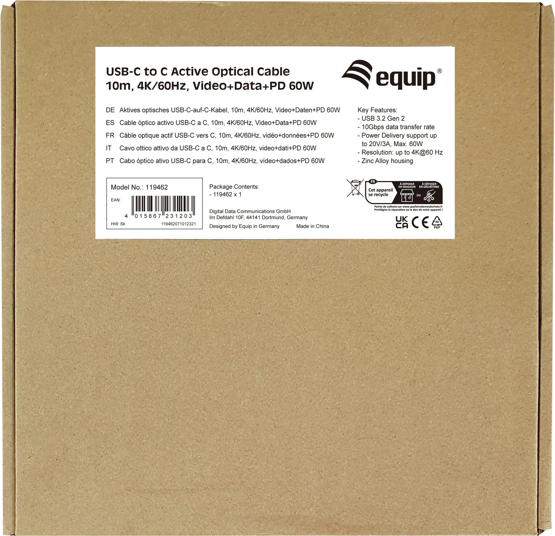 Kabllo USB C në C optik aktiv Equip 119462, 10m, 4K/60Hz, Video+Data+PD, e zezë