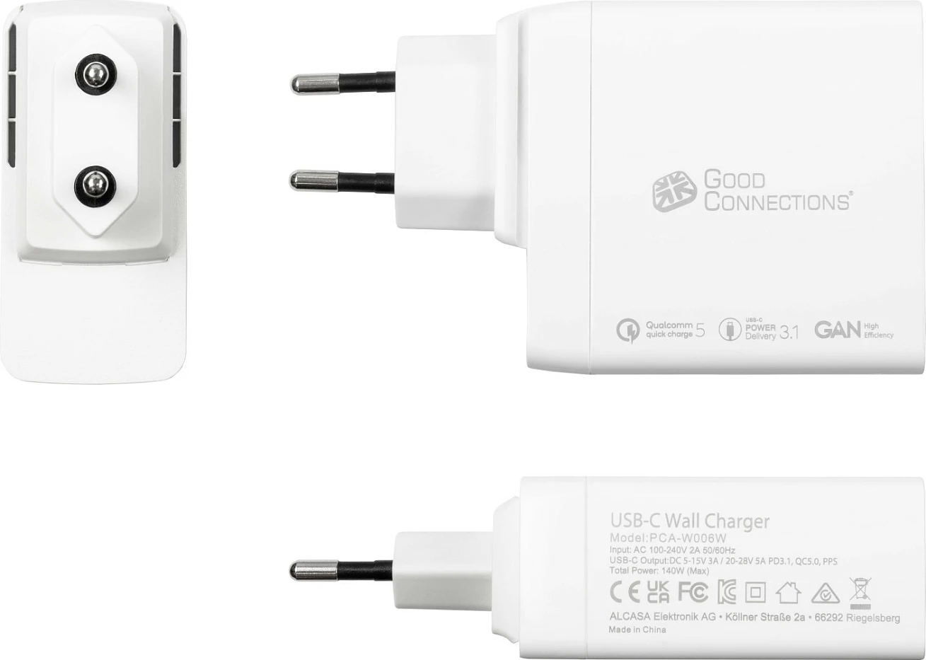 Karikues muri GoodConnections PCA-W006W, 140W GaN, 2x USB-C PD 3.1, Quick Charge 5, i bardhë