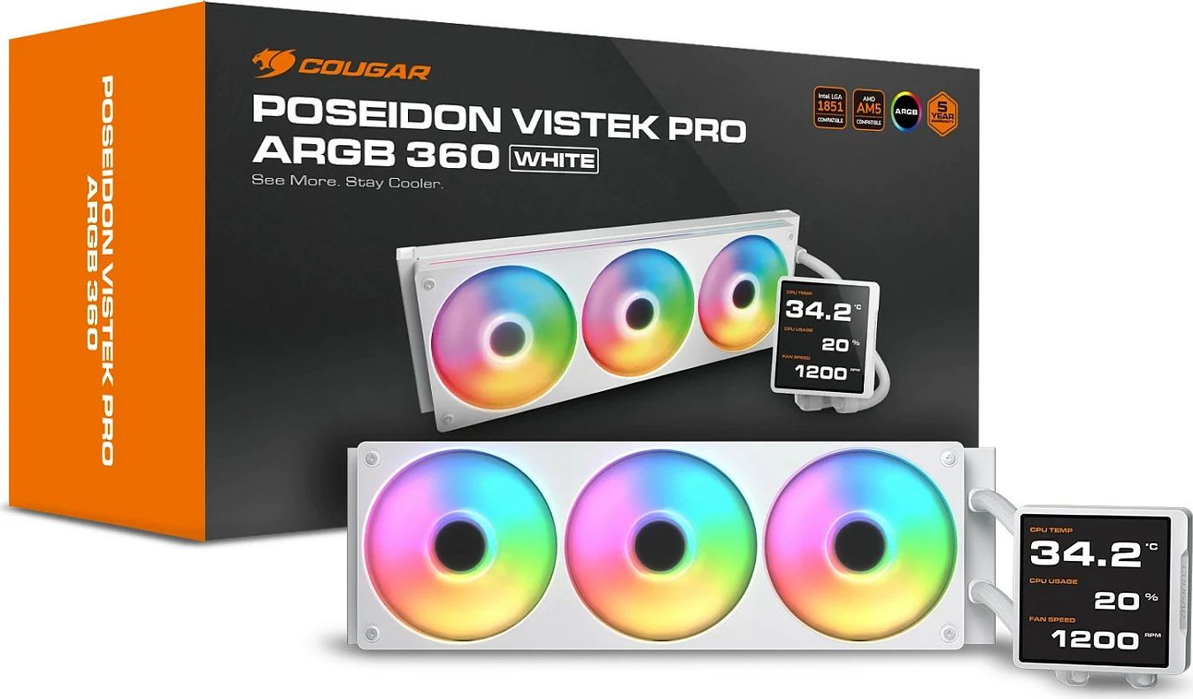 Ftohës uji për CPU Cougar Poseidon Vistek Pro 360 ARGB, 360mm, me ekran LCD 3.95", i bardhë