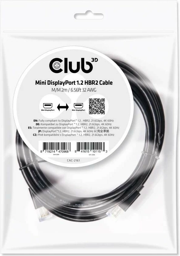Kabllo Mini DisplayPort Club3D 2m, 4K60Hz, e zezë