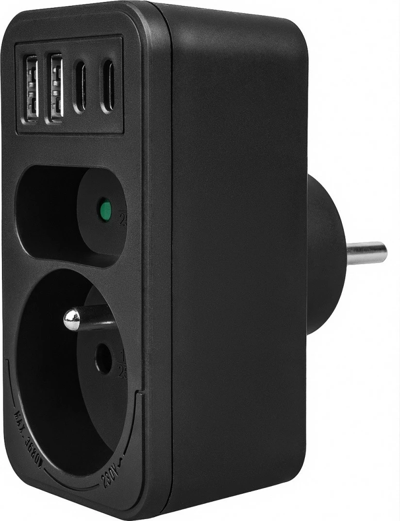 Shpërndarës prizë Maclean MCE249 F/B, 1x Schuko + 1x Euro, 2x USB-A 18W, 2x USB-C PD 20W, e zezë
