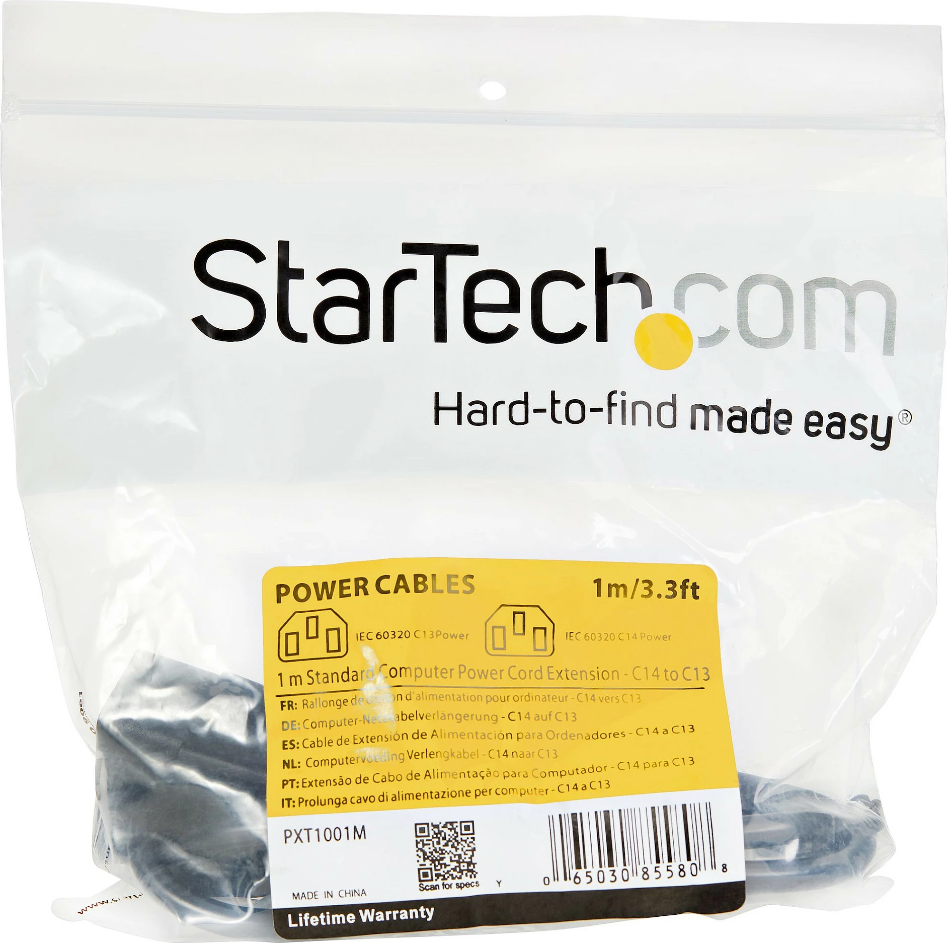 Kabllo zgjatëse rryme StarTech PXT1001M, IEC C14 në C13, 1m, 18AWG, 250V 5A, e zezë