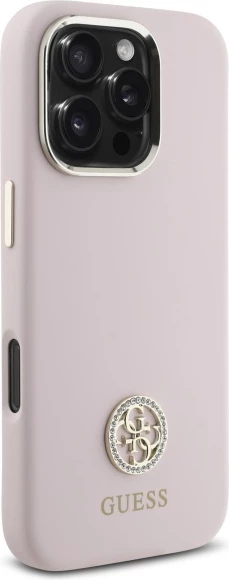 Mbështjellës Guess Silicone Logo Strass 4G për iPhone 16 Pro Max, rozë e çelët
