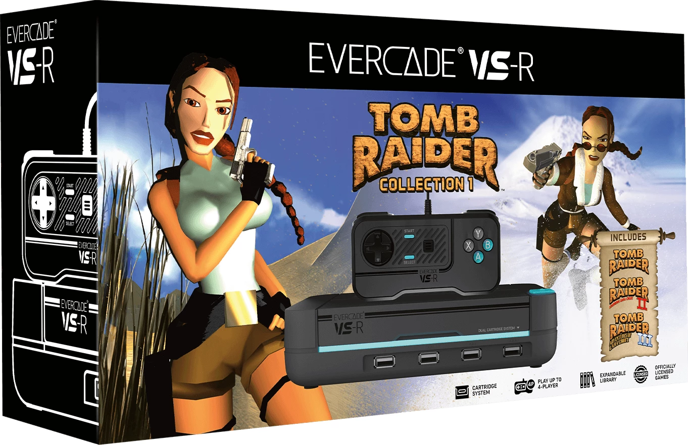 Konzolë lojërash Evercade VS-R 1080p HDMI, WiFi, 2 slota kasetash, me 1 kontrollor + kasetë Tomb Raider Collection 1, gri e errët