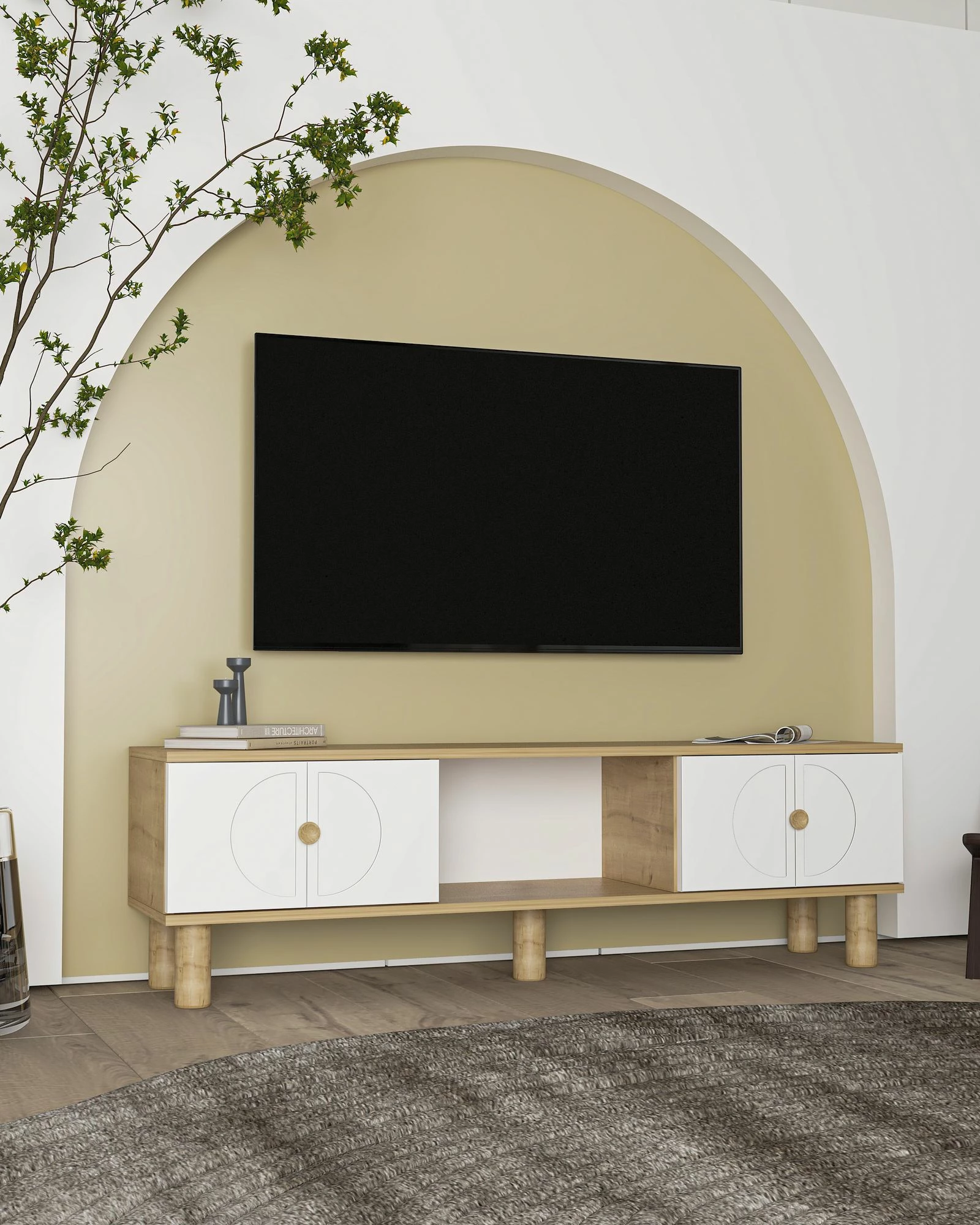 Komodë TV Skye Decor, ngjyrë lisi Sapphire, e bardhë