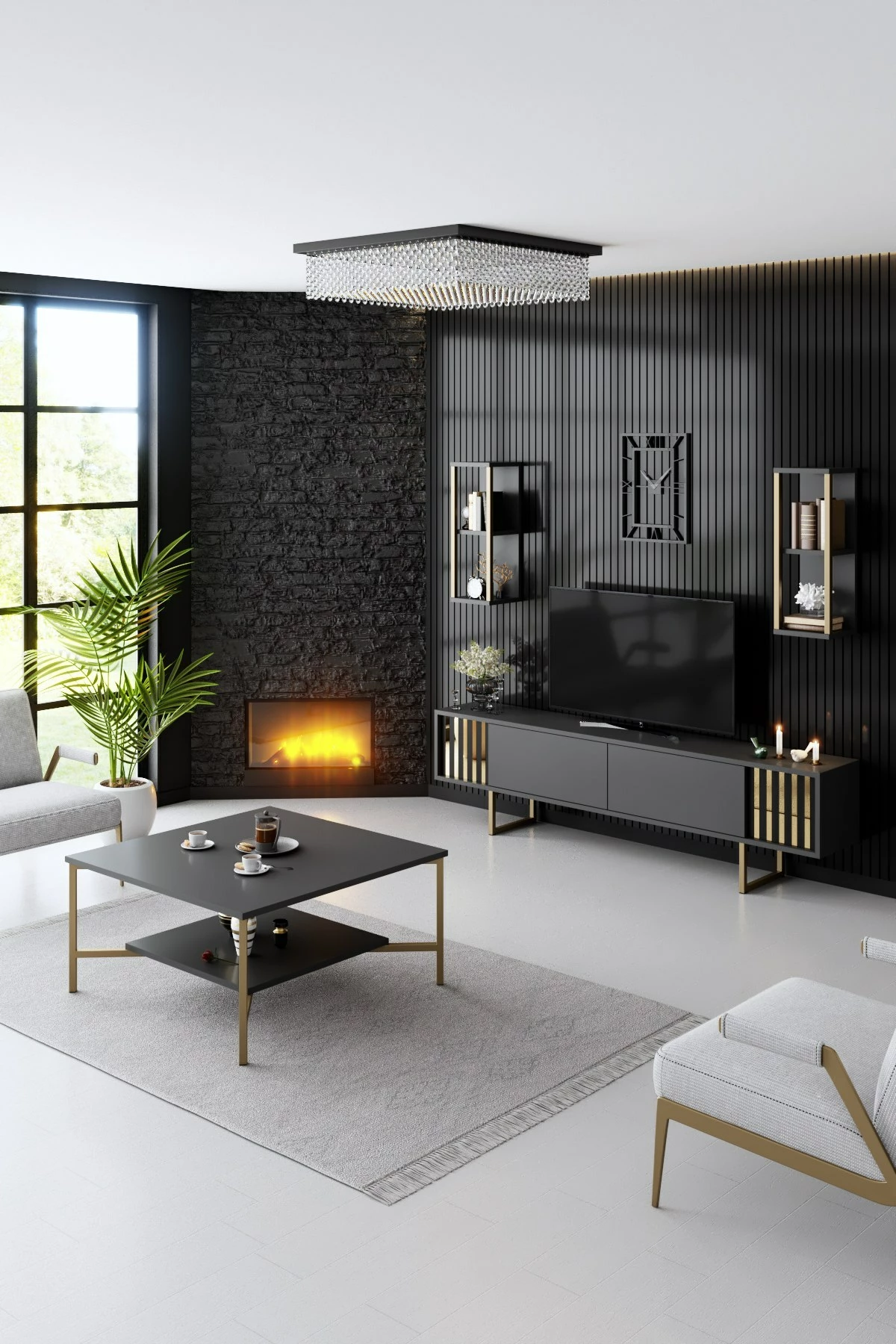 Set mobiljesh për dhomë dite, Skye Decor, linjë ari, anthracite, ari