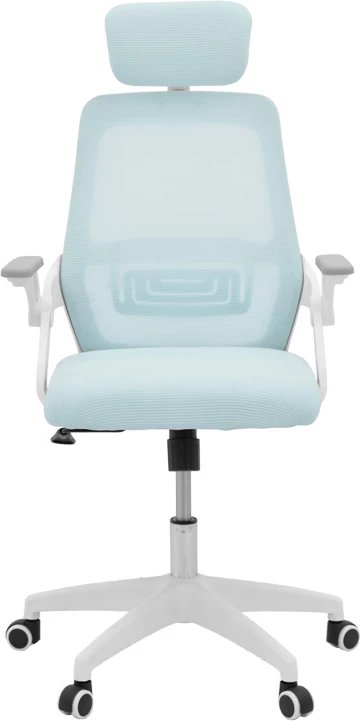 Karrige zyre Peja, material rrjetë, ngjyrë kaltër e çelët, kornizë e bardhë, 58x60x107-117cm