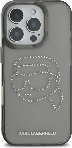 Mbështjellës Karl Lagerfeld KLHCP16XHKHDCELK për iPhone 16 Pro Max 6.9", i zi, hardcase me rhinestones