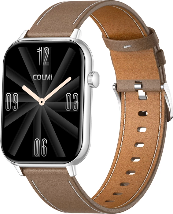 Smartwatch Colmi C28 1.93\" AMOLED, thirrje Bluetooth, AI Da GPT, 230 mAh, rrip lëkure, argjend + rrip kafe