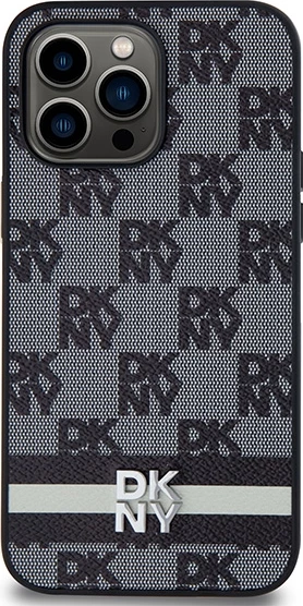 Mbështjellës DKNY Leather Checkered Mono Pattern & Printed Stripes për iPhone 14 Pro Max, i zi