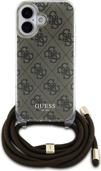 Mbështjellës Guess Crossbody Cord 4G Print për iPhone 16, Kafe