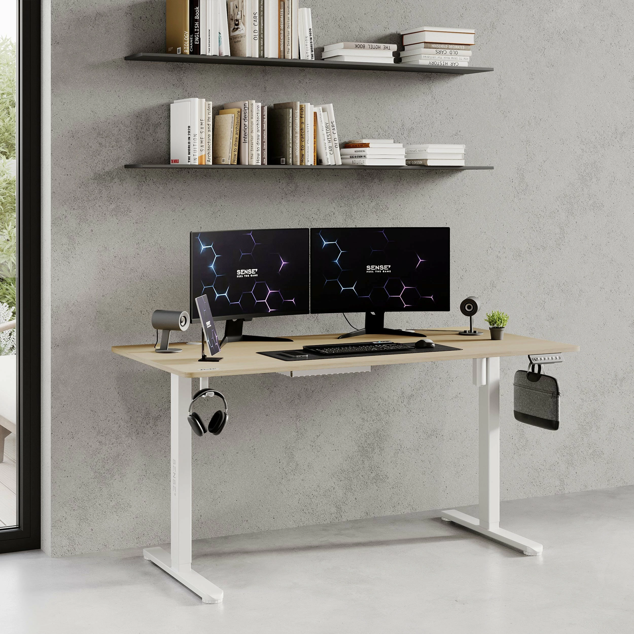 Tavolinë elektrike gaming/zyre SENSE7 NOJO 140x70 cm, rregullim lartësie 72-118 cm, pishë e bardhë