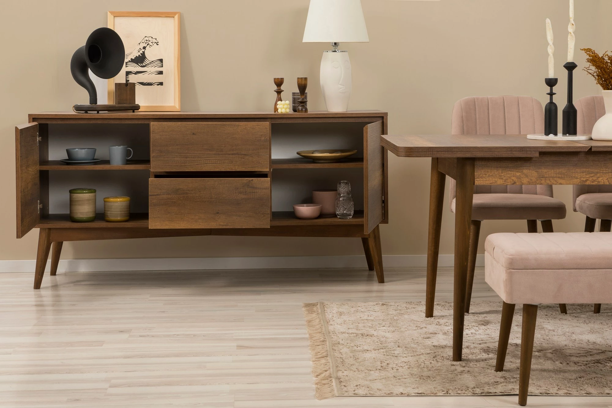 Set tavolinë me karrige dhe konsol, zgjatues, 5 pjesë, Skye Decor, Vina 02 0900, ngjyrë arrë, gur