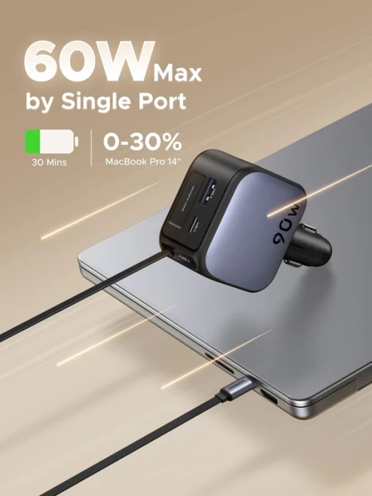 Karikues veture UGREEN Nexode 55909B 90W me kabllo USB-C të integruar retraktabile, Space Gray