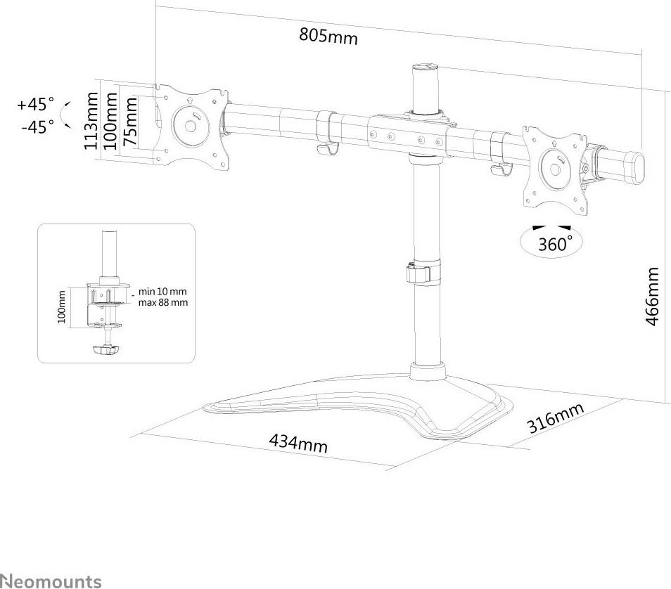 Mbajtës monitori Neomounts NM-D335DBLACK, 2 ekrane, 27", i zi