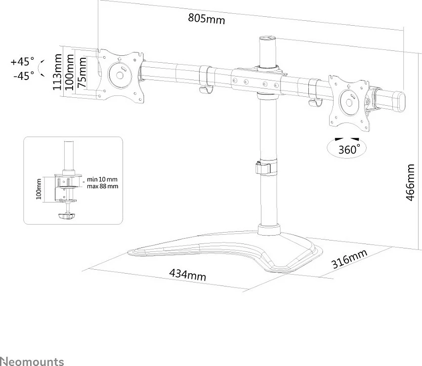Mbajtës monitori Neomounts NM-D335DBLACK, 2 ekrane, 27", i zi