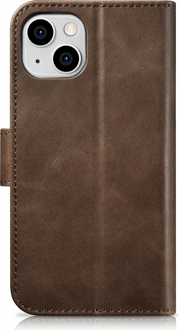 Mbështjellës iCarer Oil Wax Wallet 2in1 për iPhone 14 Plus, lëkurë natyrale, Anti-RFID, Kafe