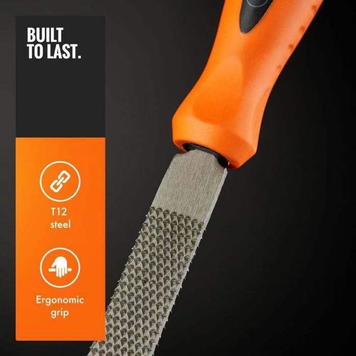 Set turpijash dhe raspash VONHAUS 3500076, 20 cm (8\"), çelik T12, me çantë kanavacë, set 9 copë, zi/portokalli