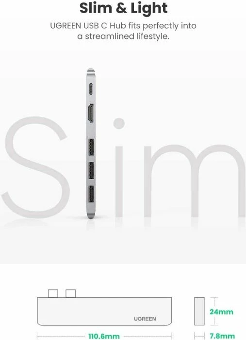 USB-C hub UGREEN 60559, HDMI 4K@30Hz, 3x USB 3.0, USB-C PD 100W, gri, me kuti