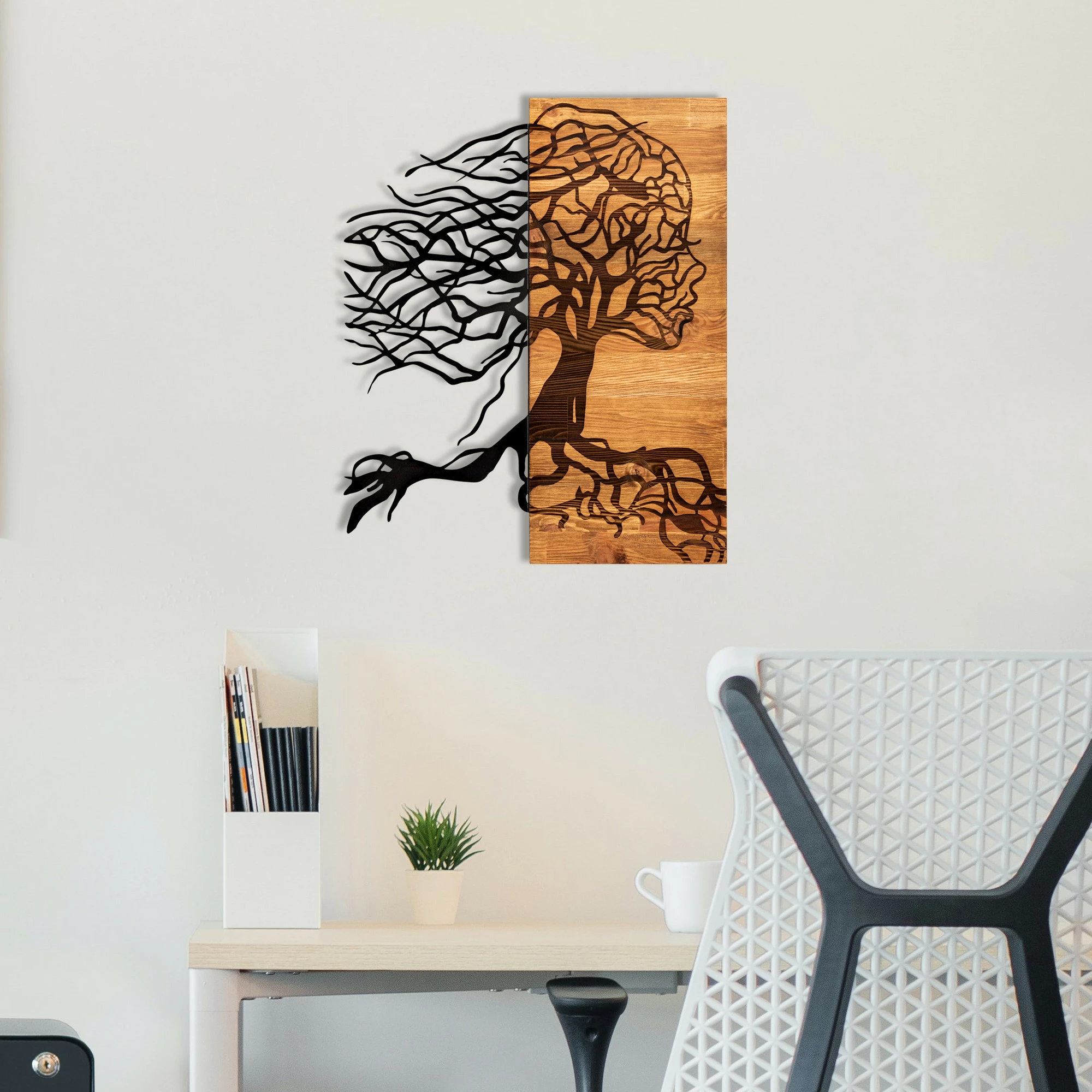Aksesore dekorativ prej druri për mur, Wallity Nefes, ngjyrë e zezë dhe arre, 47x58cm