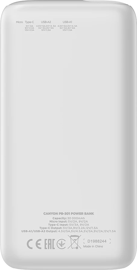 Power bank CANYON PB-301 30000 mAh, PD 20W, QC 3.0, LED ekran, i bardhë