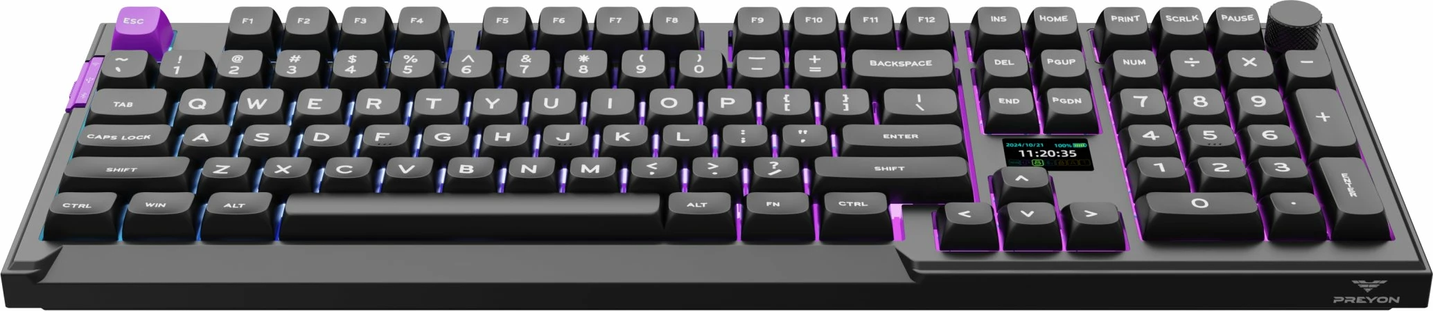 Tastierë mekanike PREYON Silent Claw PSCR105B, Gateron Red Pro, 100% full-size (US), RGB, 2.4GHz/Bluetooth/USB, e zezë